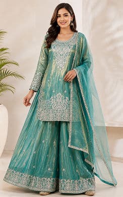 Women’s Sea Green Embroidered Kurta Sharara Set with Dupatta