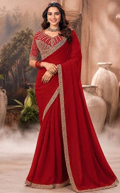 Women's Red Designer Embellished Saree with Embroidered Blouse