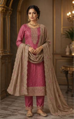 Women's Rose Pink Embroidered Straight Kurta Pant Set with Dupatta