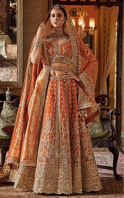 Women's Orange Bridal Embroidered Lehenga Choli Set with Dupatta