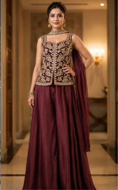 Women's Wine Embroidered Palazzo Suit Set with Dupatta