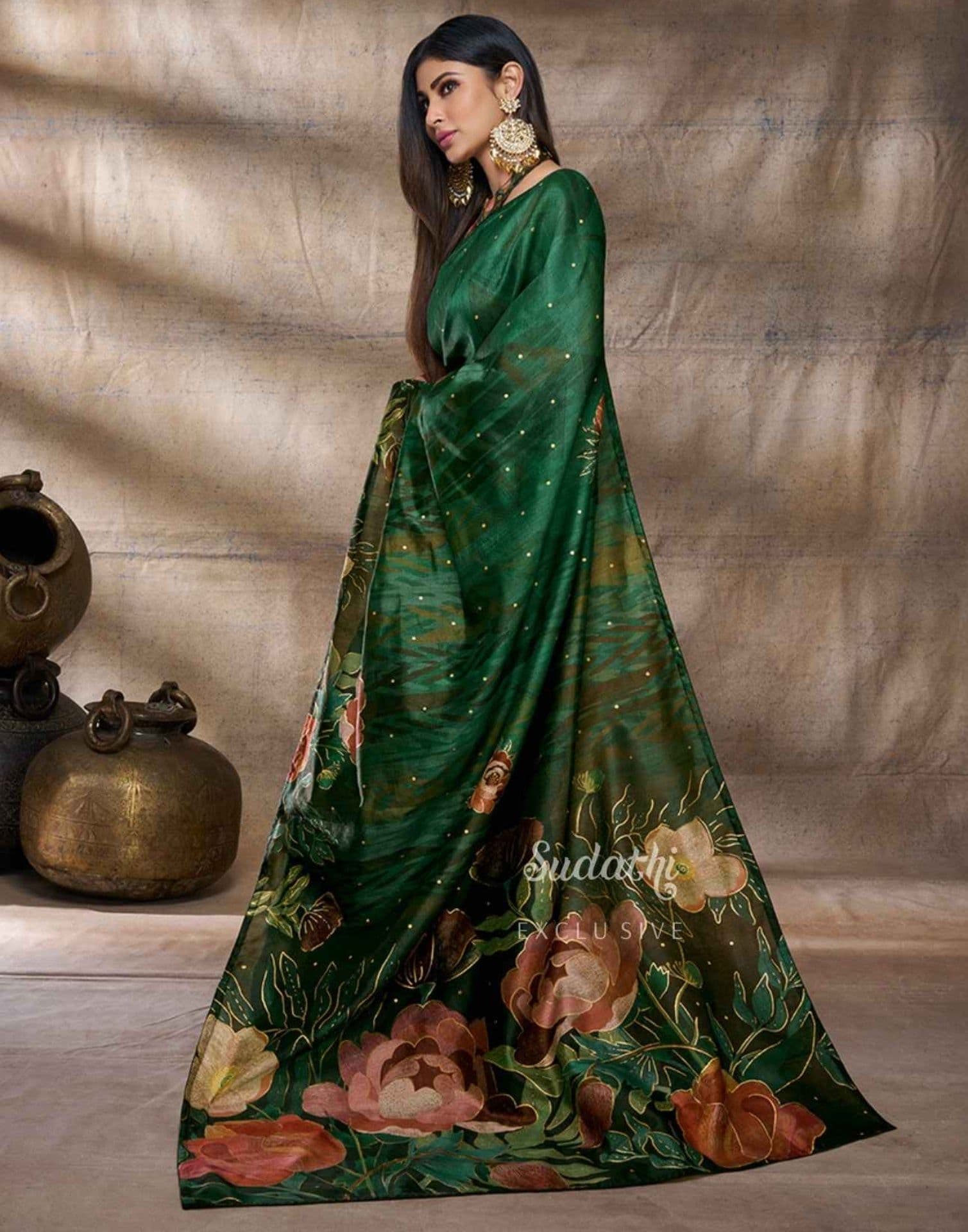 Mouni Roy Green Floral Blossom Ready To Wear Foil Saree