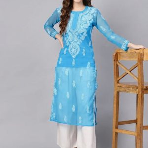 Neelam Chikan Women Chikan Embroidery Georgette Straight Kurta (Blue)